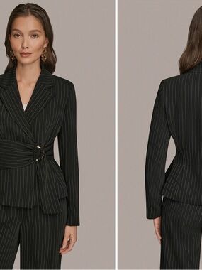 Coordinating Pinstripe Notch Lapel D-Ring Belted Jacket and Pants Set